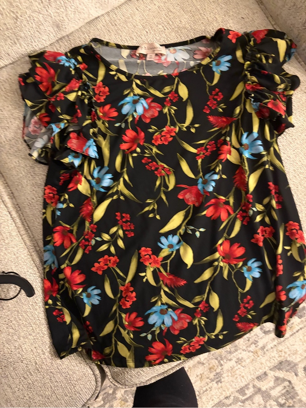 Philosophy Black Floral Ruffle Sleeve Dress - Red & Blue